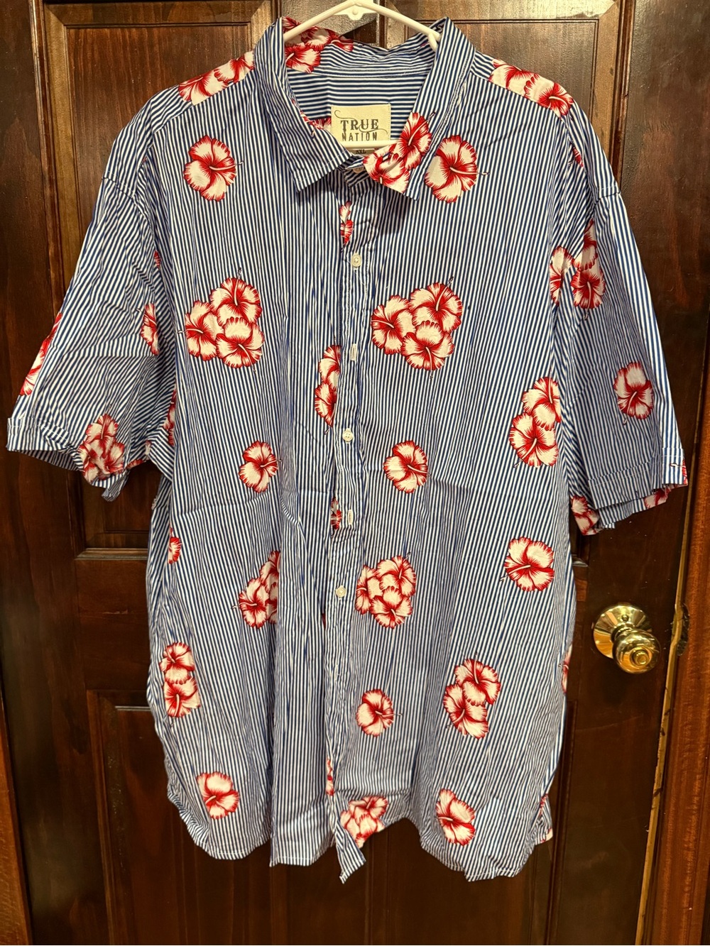 True Nation Blue Striped Button-Down Shirt with Red Floral Print